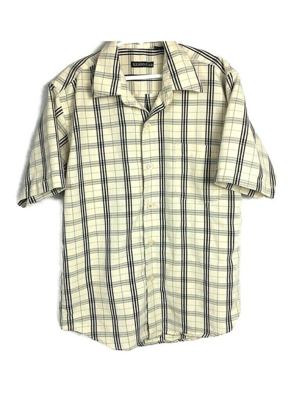 Boys cream & black plaid Microfiber Lay Down Collar Dress Shirt Size S (8-10)